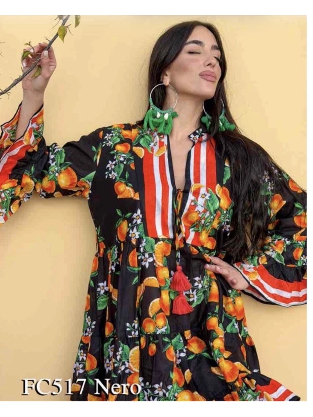 Antica Sartoria Black Floral-Print Tie front Dress with Orange Motif O/S